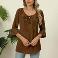 thumbnail image 2 of Olyvenn Hauts à Manches 3/4 pour Femmes, Col Rond, Été, Chemises à Nouer devant, Blouses Plissées Décontractées, Marron S, 2 of 6