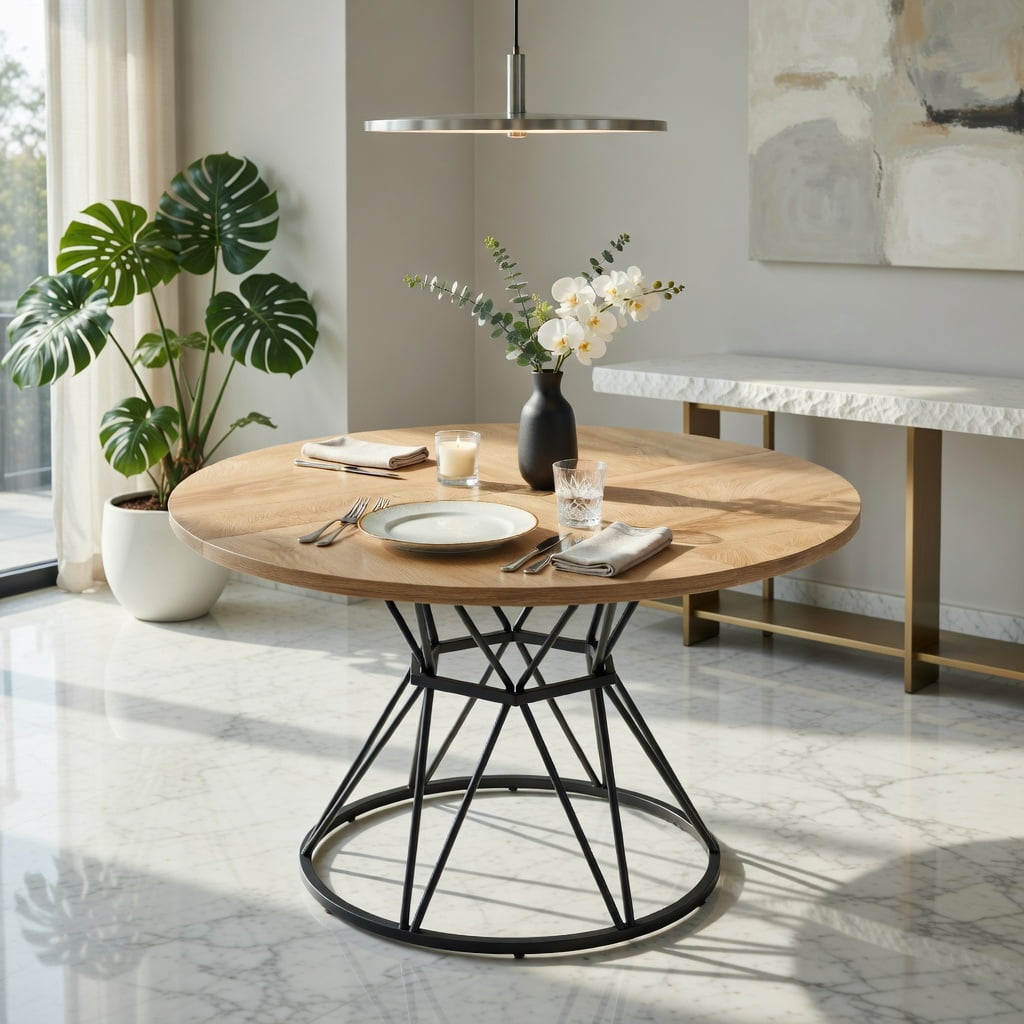 Hommoo 47.3-inch Round Dining Table for 4-6 People, Light Wood Grain MDF Top & Hourglass Metal Base, Modern Industrial Style Kitchen or Dining Room Table, Natural & Black