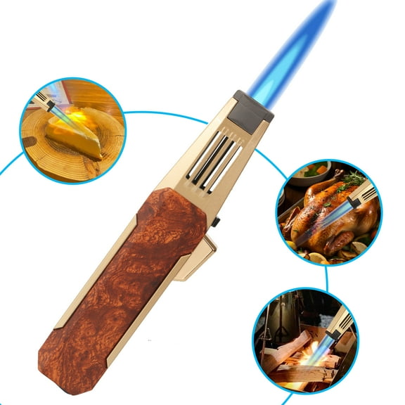 Kitchen Solar Torch Butane Lighter, with safety lock, refillable & fits all gas tank, Super Long Flame,Adjustable Flame for Desserts, caramel pudding, grill, BBQ, Father's Day gift  Walnut Gold Styl
