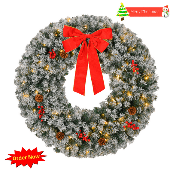 Tcbosik 24in Pre-Lit Artificial Flocked Christmas Wreath with Remote Control and 50 Warm Lights, Lighted Holiday Decoration with Ornaments and 180 Branch Tips, Snowy Green