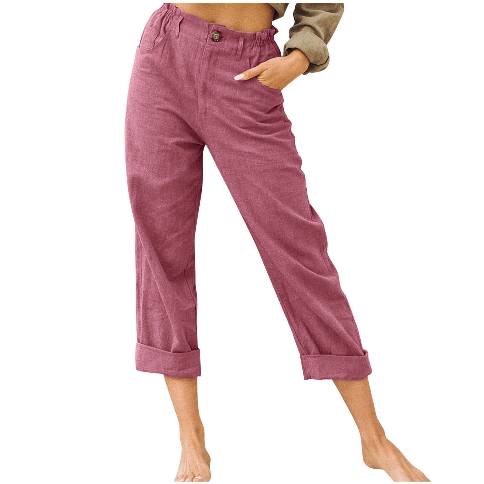 Womens Back Trousers Casual Elastic Pants Drawstring Cotton Pants High ...