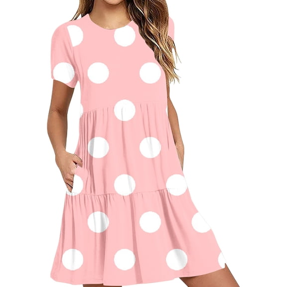 QQAMB Womens T-Shirt Dress with Pockets Summer Scoop Neck Ruffle Dress Casual Soft Print Graphic Short Sleeve Sundress Pink L