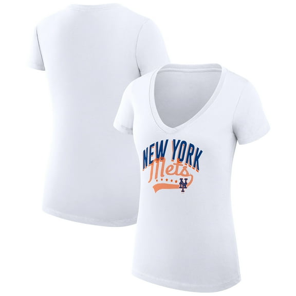 Women's G-III 4Her by Carl Banks  White New York Mets Filigree Team V-Neck Fitted T-Shirt