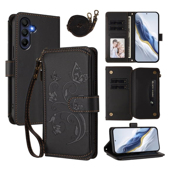 Phone Case for Samsung Galaxy A26 5G Wallet Cell Cover with Wrist & Shoulder Strap, Embossed Flower Flip Zipper Card Holder Slots Stand PU Leather Wallet Case for Women Girls Men Women, Black
