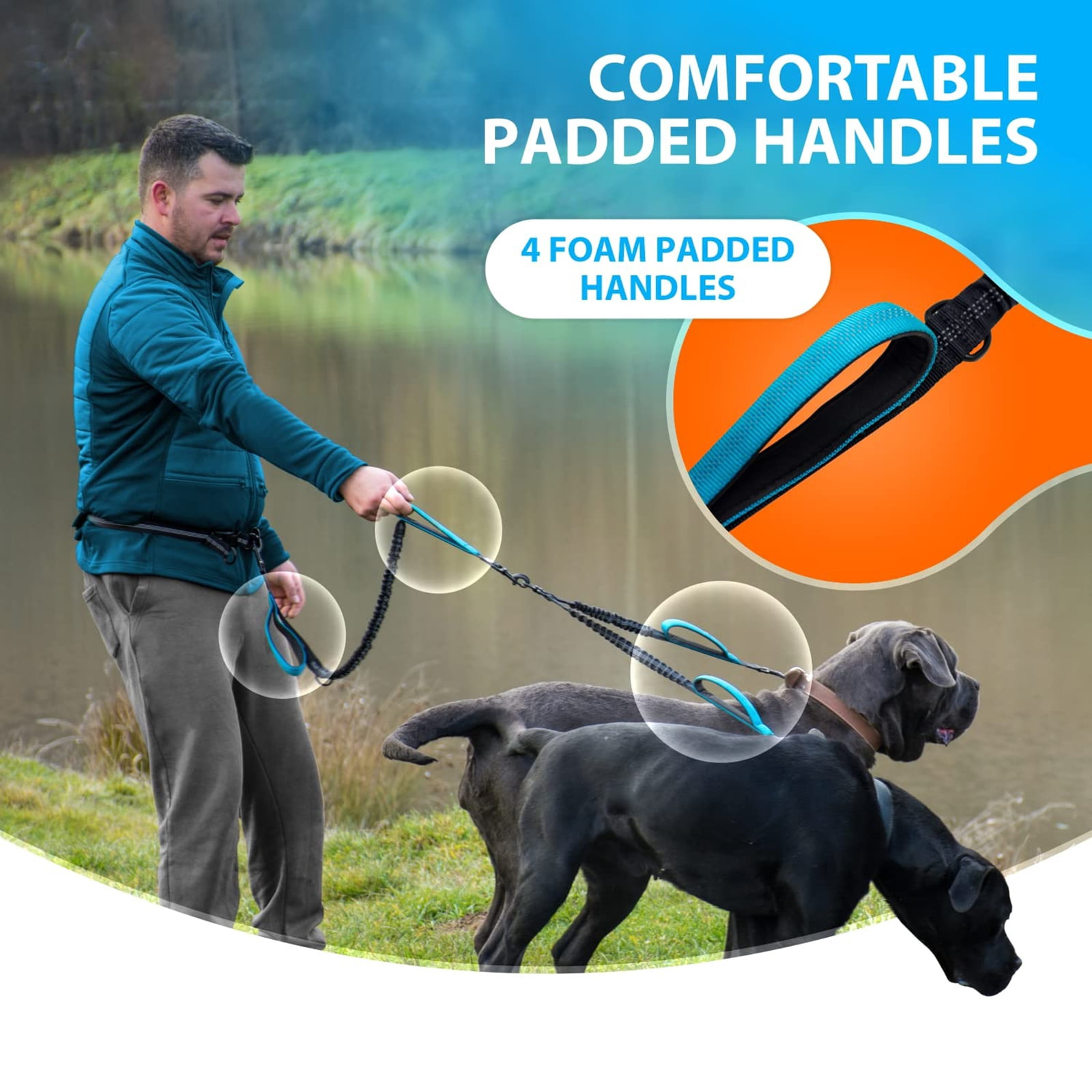 Levviye Double Dog Leash Bungee Multi-Functional Hands-Free Durable with Padded Handles for Fitness Exercise, Grey