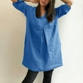 thumbnail image 5 of Elainilye Fashion Dresses for Women Summer Loose Casual V-Neck Solid Short Sleeve Dresses Cotton Linen Dress,Blue, 5 of 9