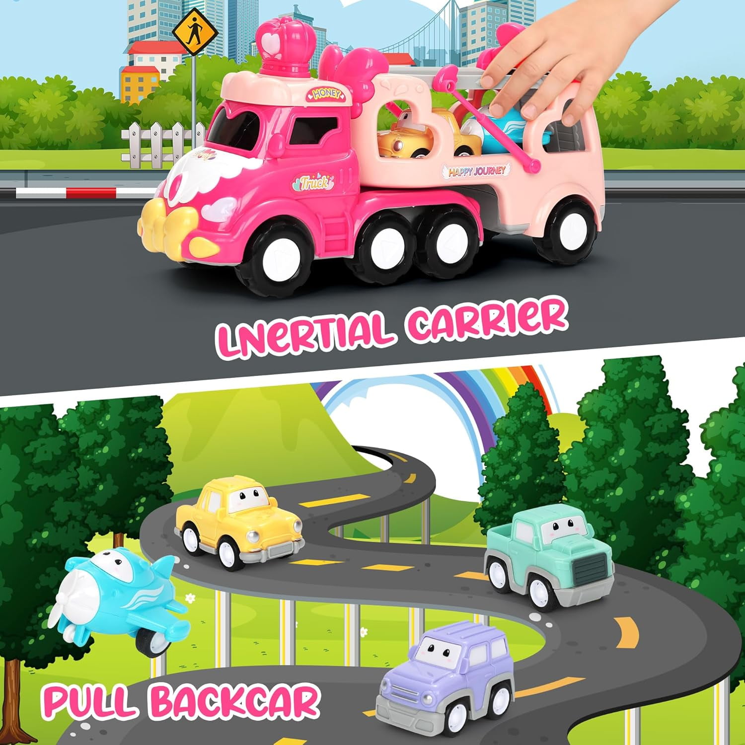 PayUSD Cartoon Vehicle Toy for Toddler Girl 5-in-1 Pink Carrier Truck for Baby Girls Friction Power Transport Car with Light and Sound Toys for 3 Years Little Girl Kid Child Infant Gift Birthday