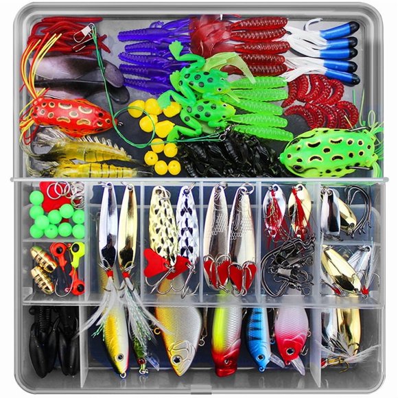 141 Pcs Leurres de Pêche Réalistes en Eau Douce Ensemble Boîte à Pêche, 2 Pcs Leurres Grande Grenouille Sauterelle, Leurres de Pêche Artificiels Cuillère de Pêche Appât Crayon pour Bar Truite Perche Saumon comme Cadeau