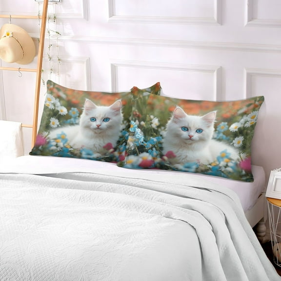 Pillow Case Plush Pillow White Cat Among Colorful Flowers Case standard size/King size/Queen size Bed Pillow Pillowcases