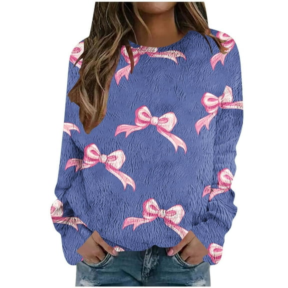 qucoqpe Womens Casual Print Long Sleeve Warm Fleece Sweatshirt Crew Neck Cute Pullover Solid Color Loose Fit Tops