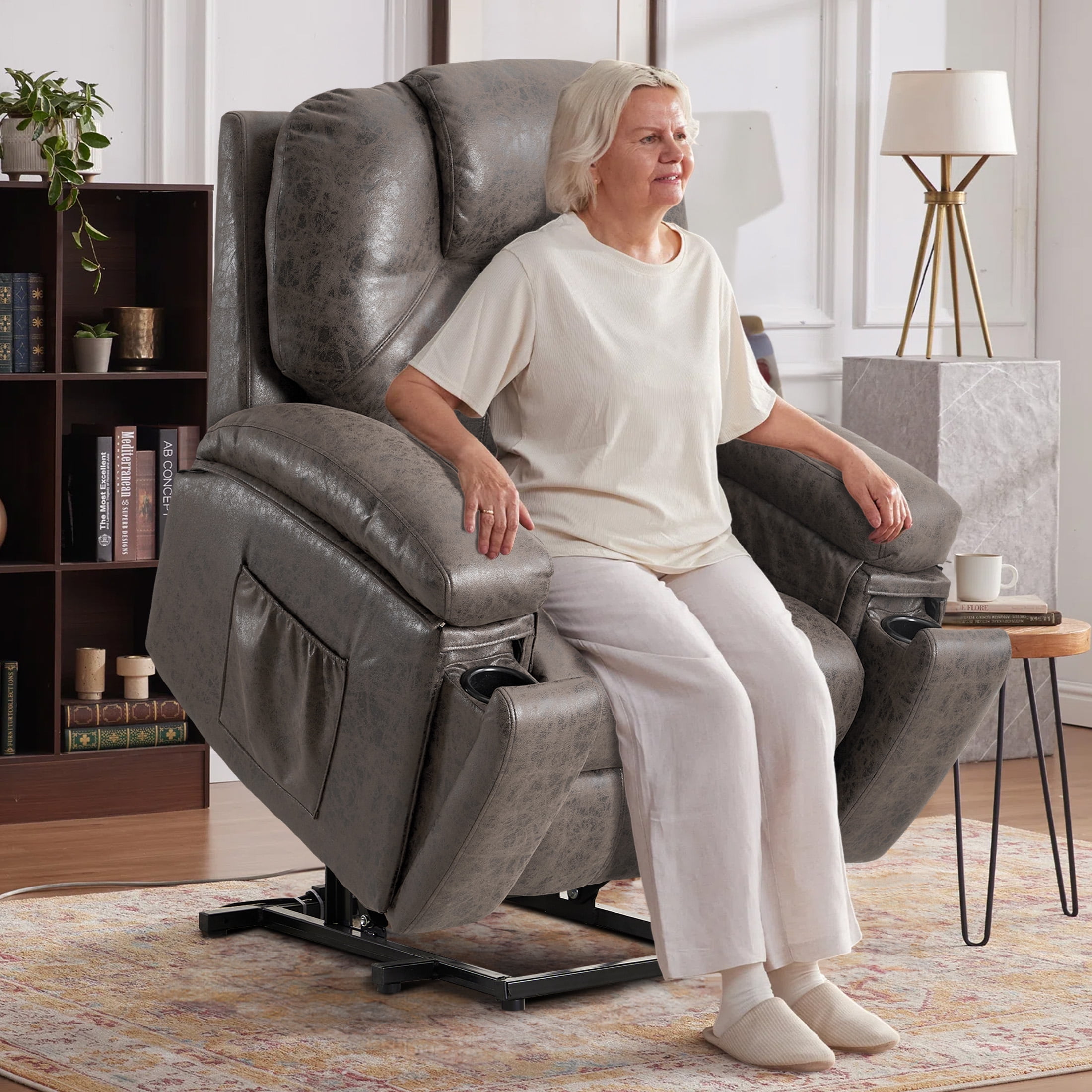 Aukfa Power Lift Recliner Chair w/ Massage & Heat for Elderly, Overstuffed Recliners,Concealed Cup Holder,Gray'