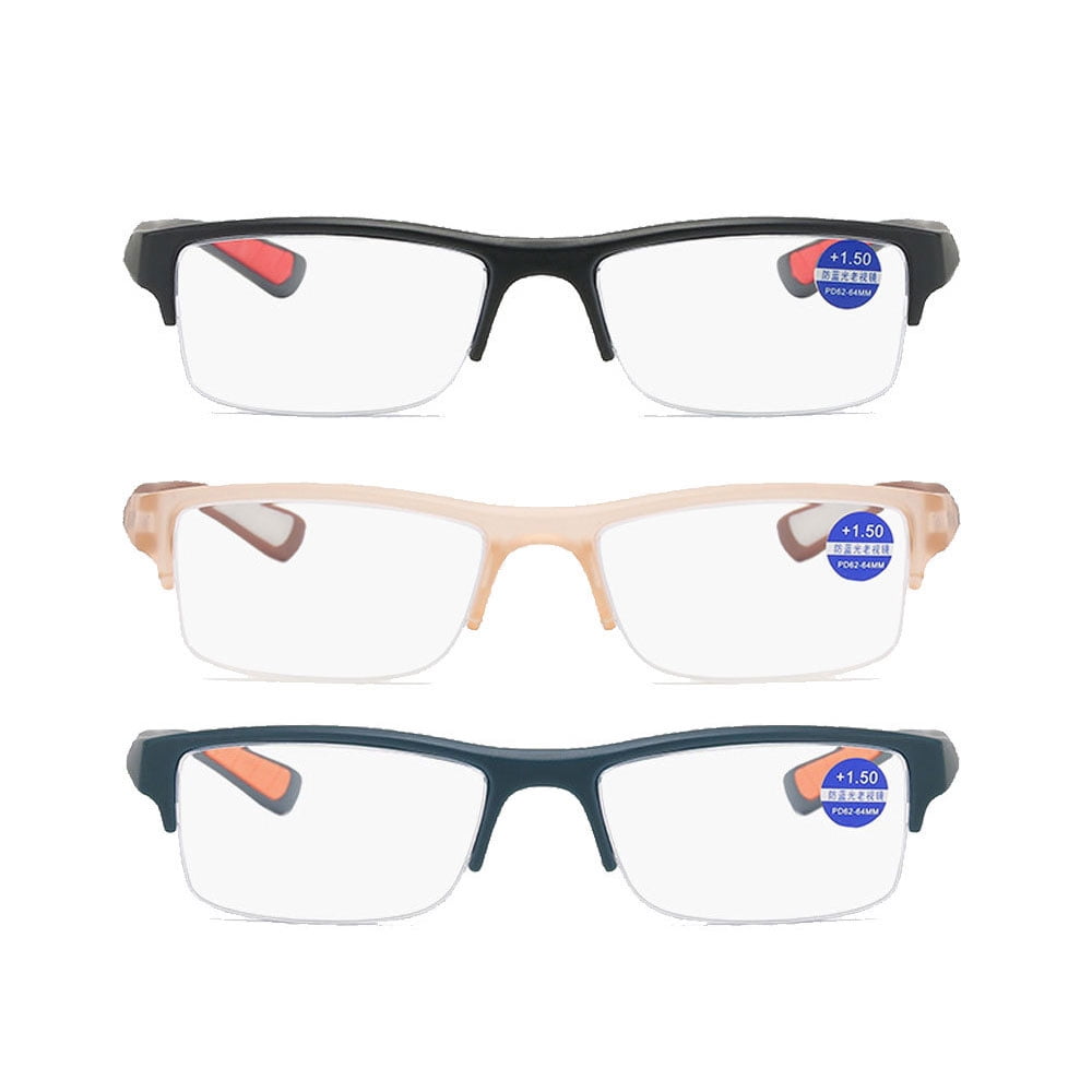 3 Pack Mens Half Rimless Sport Reading Glasses +1.5, Plastic Readers 1.5