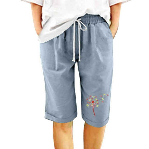DeHolifer Shorts for Women Cotton Linen Elastic Waist Dandelion Print Drawstring Loose Casual Shorts Light Blue 2XL