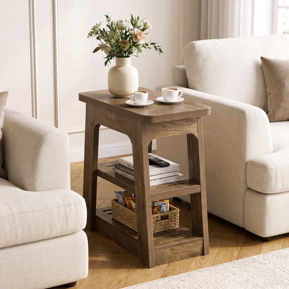 Finmind Narrow Side Table with 3-Tier Storage Shelves, Farmhouse Skinny End Table for Small Spaces, Rustic Brown
