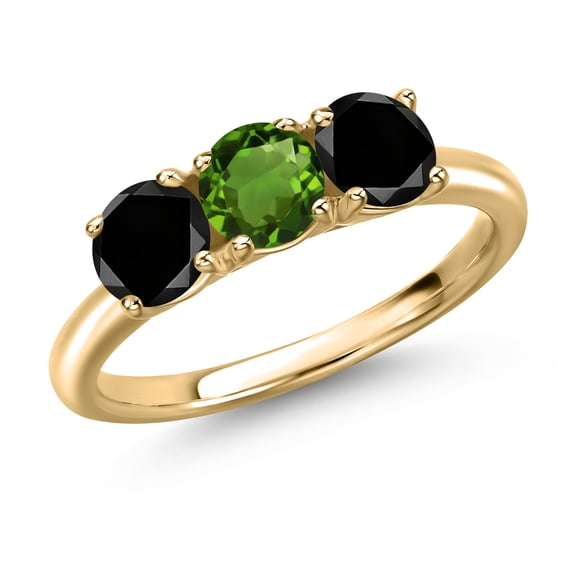 Gem Stone King 10K Yellow Gold Green Chrome Diopside and Black Diamond Engagement Ring for Women | 1.60 Cttw | Round 5MM | Gemstone Birthstone | Size 8