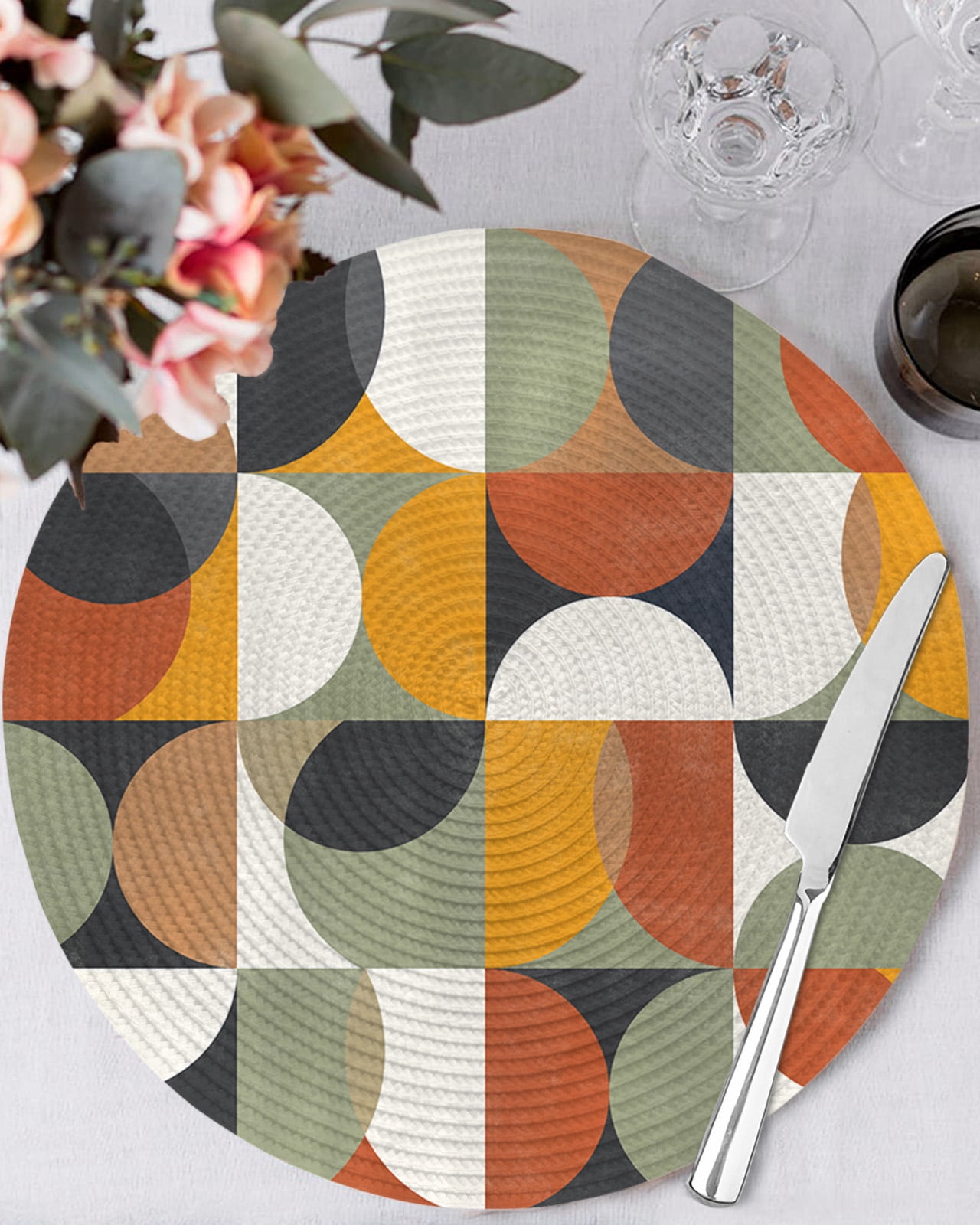 Mid-century Modern Round Table Placemats set of 4, Vintage Color Abstract Geometric Pattern Washable Woven Place Mats for Dining Tables Kitchen Party Decor,Heat Proof, 13in,
