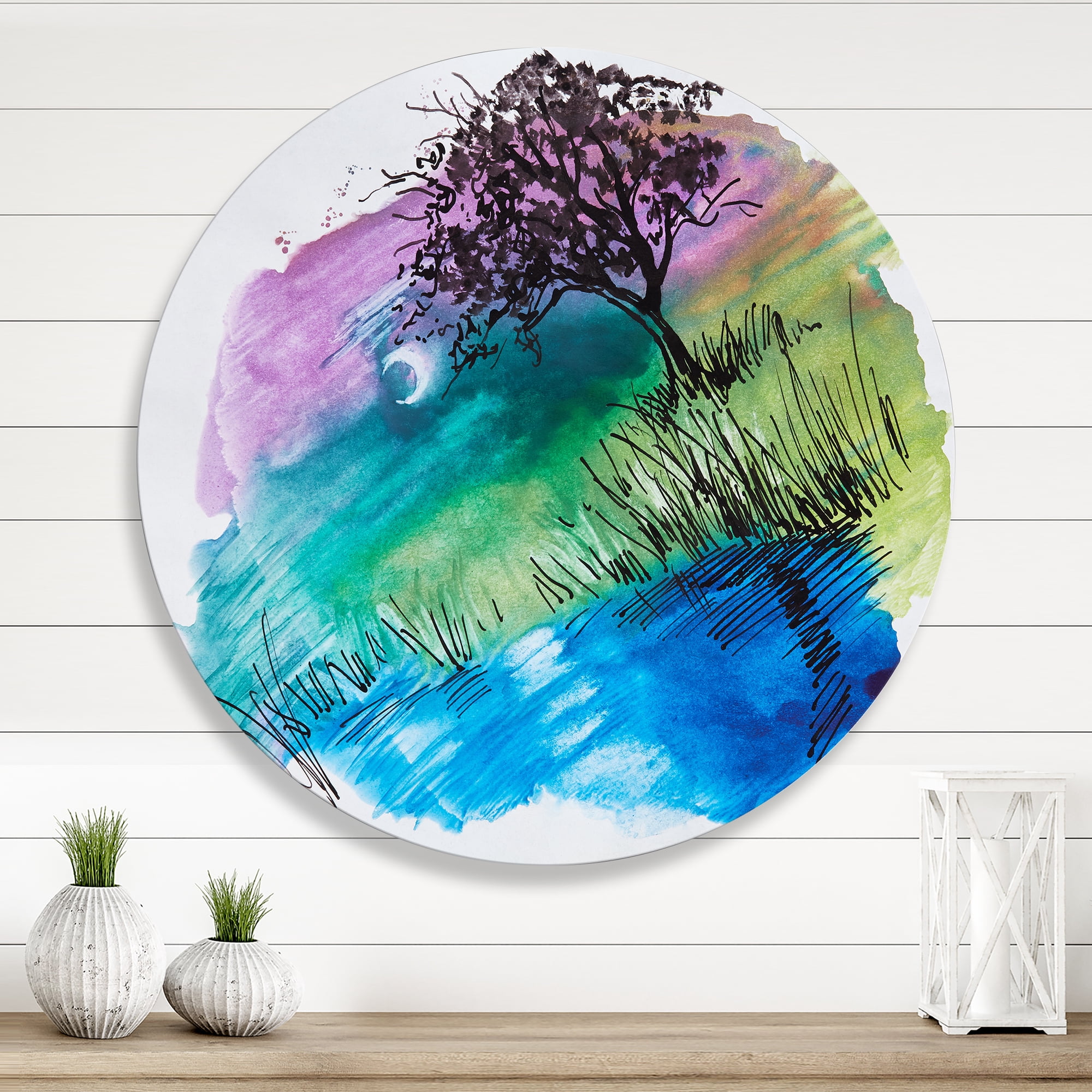 Designart 'Rainbow Silhouette Of Tree On The Riverbank At Night' Modern Circle Metal Wall Art 23x23 - Disc of 23