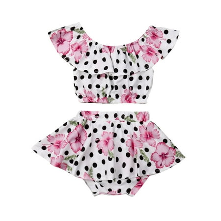 

Bagilaanoe 2pcs Toddler Baby Girl Short Pants Set Floral Print Ruffle Off-Shoulder Crop Tops + Shorts 6M 12M 18M 24M 3T Kids Casual Summer Outfits