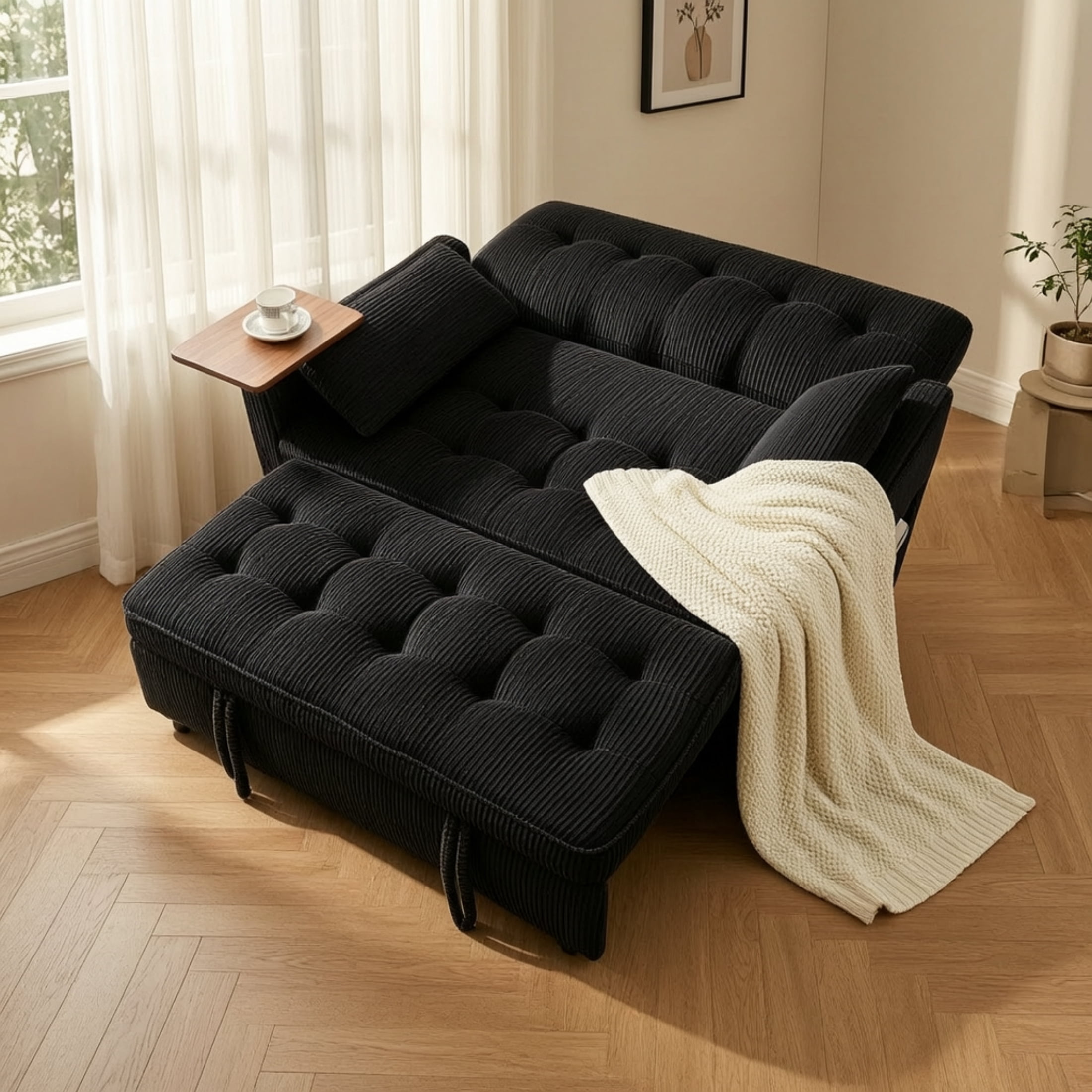 Vinform 54" Convertible Sleeper Sofa Bed, 3 in 1 Pull Out Loveseat with Arm Table and USB Port for Small Spaces, Corduroy, Black