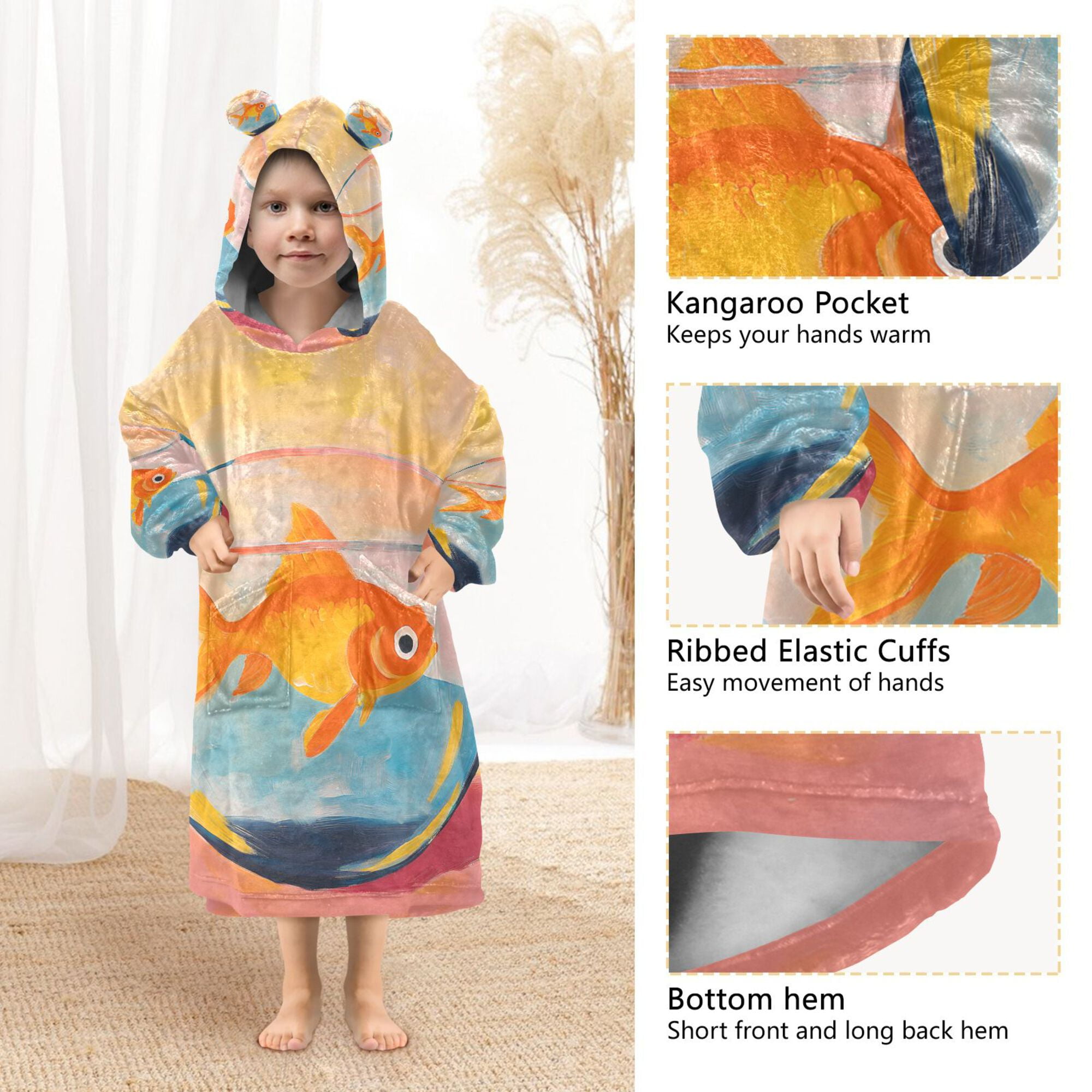 FORMRS Wearable Blanket Hoodie with Sleeves for Kids Cozy Flannel Sweatshirt, Goldfish