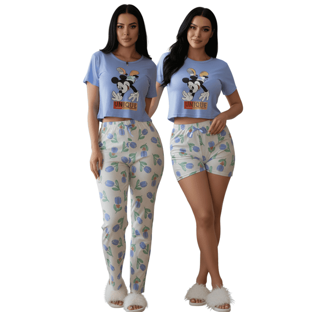 Pijama De 3 Piezas Mujer Pantalon Short Y Playera A Juego