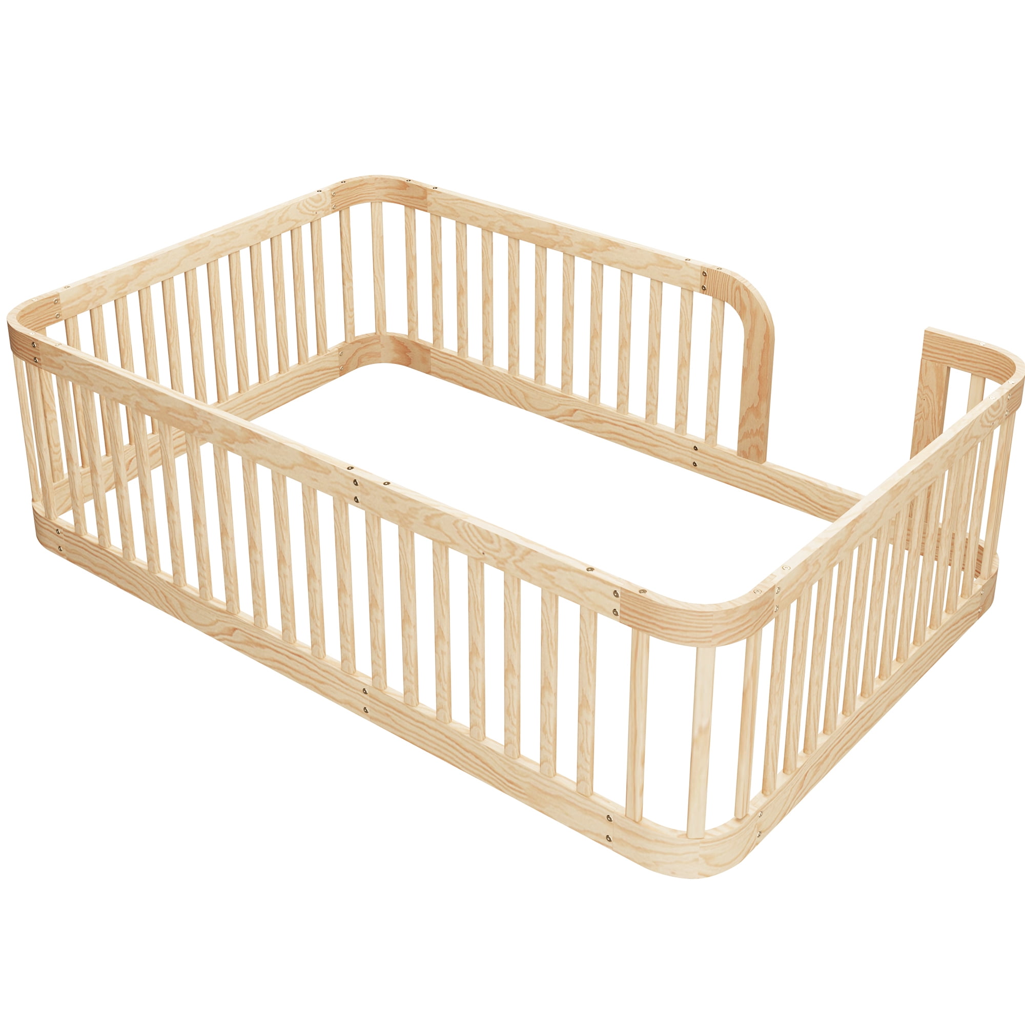 Euroco Full Size Floor Bed with Fence for Kids Teens and Toddlers, Natural