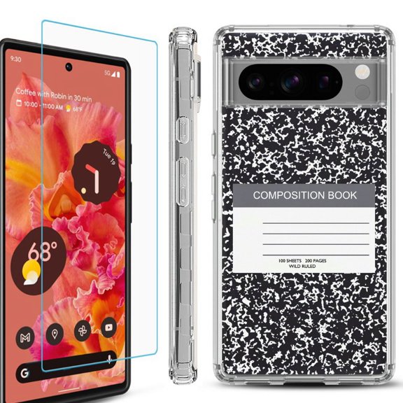 OneToughShield ® Compatible with Google Pixel 8 Pro, Shockproof Phone Case, with Tempered Glass Screen Protector - Composition Book