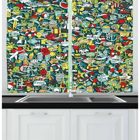 Concept Compass Set (Doodle Curtains 2 Panels Set, Simple Mini Drawings of Holiday Related Concepts Caravan Compass Lifebuoy Breakfast, Window Drapes for Living Room Bedroom, 55W X 39L Inches, Multicolor, by)