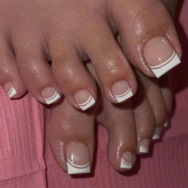 Uñas Postizas para Dedos de los Pies FJSMTOPl con Punta Francesa Brillantes 24 Piezas