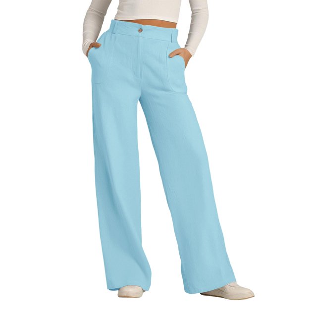 Women's Button down Linen Pants - Wide Leg Casual Trousers with Outer Pockets, Light Blue Women's Solid Colored Cotton And Linen Button down Wide Leg Long Pants with Loose Outer Pockets