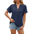 thumbnail image 2 of Pxiakgy t shirts for women Eyelet Circle Solid Color V Neck Buttoned Loose Short Sleeve T Shirt Top Women's womens t shirts womens tops Navy + XXL, 2 of 7