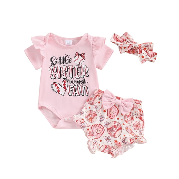 Aojekbee Baby Girls Shorts Set, Short Sleeve Letters Print Romper Baseball Print Shorts with Hairband Summer Outfit