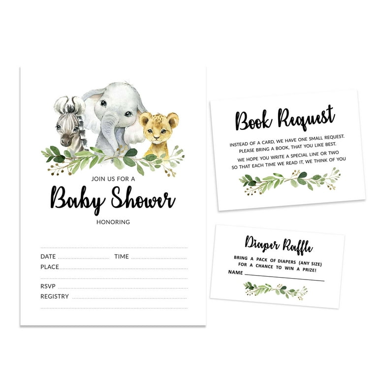 Inkdotpot Set Of 30Safari Baby Shower Invitations Diaper Raffle Tickets And Baby Shower Book Request Cards Jungle Animals Invites Its A Boy Its A Girl