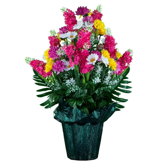 Drevy Artificial Flowers - Weighted Pot Bouquet Decoration - Outdoor Yard or Porch Décor - Graveside Flowers - Yellow White Wildflowers in Pot