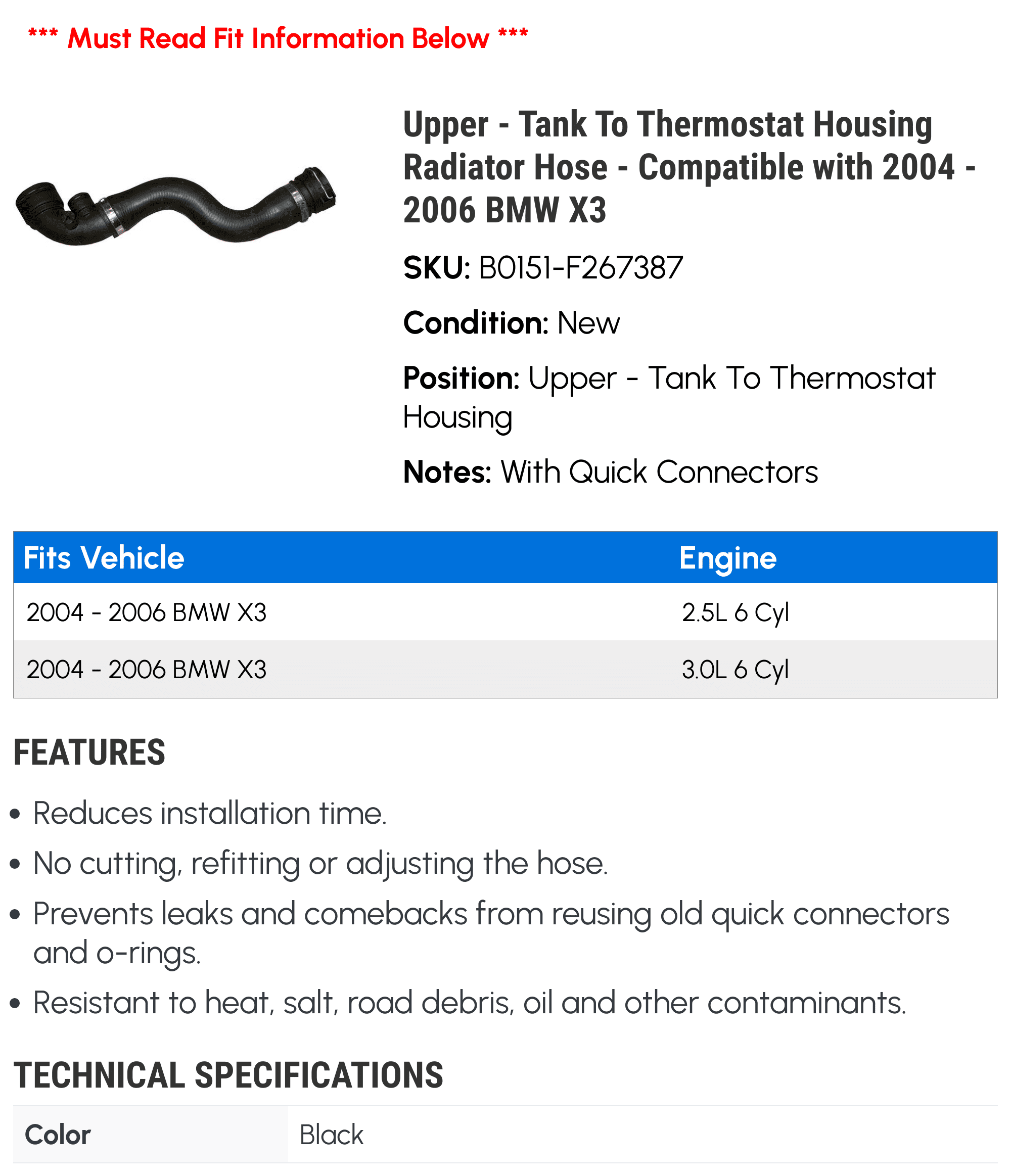 Upper - Tank To Thermostat Housing Radiator Hose - Compatible with 2004 - 2006 BMW X3 2005