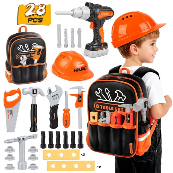 UQN Kids Tool Set, 28PCS Toddler Tool Set with Backpack, Electronic Toy Drill and Screw Toys, Pretend Play Construction Tool Set for Toddlers Boys Girls Ages 3-5, Gifts for 3-7 Kids