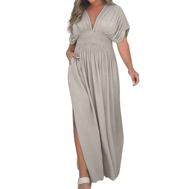 Vestido largo sexy con abertura y cuello en V para mujer: tejido ligero y fluido, corte holgado, adecuado para fiestas, citas y vacaciones, disponible en varias tallas.