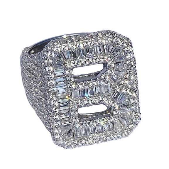 Men's Real Solid 925 Sterling Silver Initial Letter B Iced Baguette Flooded Out Big Hip Hop Ring Size 10