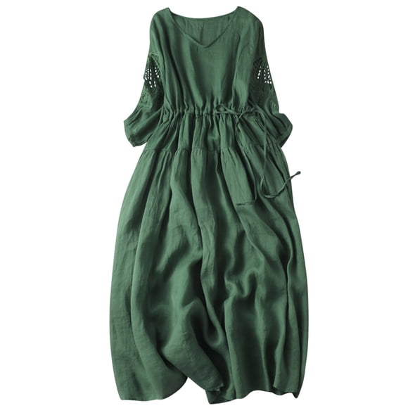 fartey Cotton Linen Dresses for Women Summer 2024 Cut out 3/4 Sleeves Dress Lounge Tunic V Neck Sundress With Bow Tie Solid Color Breathable Pleated Dresses