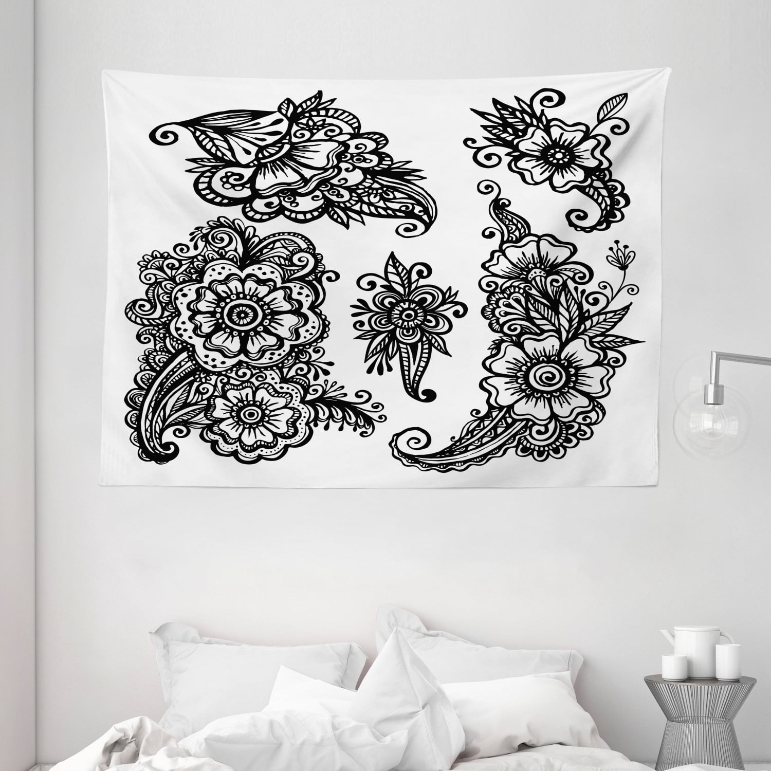 Henna Tapestry, Hand Drawn Style Vintage Mehndi Compositions Blossoming