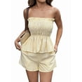 thumbnail image 3 of Women'S 2 Piece Striped Shirred Ruffle Strapless Bandeau Tops and Shorts Set, 3 of 8