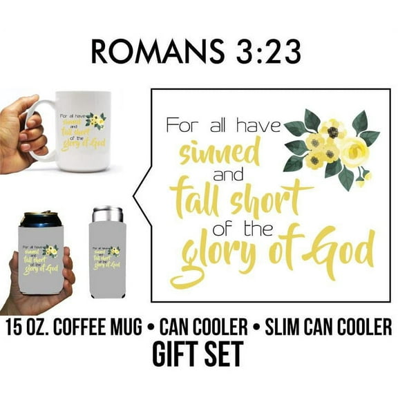 Romans 3:23 Religious Coffee Mug & Can Cooler Gift Pack (13732), 15 Ounce Mug, 1 Standard and 1 Slim Can Cooler