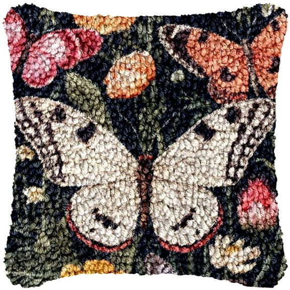 Moths and Flowers Latch Hook Pillow Kits Color Printed Canvas Cushion Crochet Yarn Needlework Hook Latch Kit DIY Embroidery Pillowcase Rug Cover Home Sofa Christmas Decor 43x43cm(4)