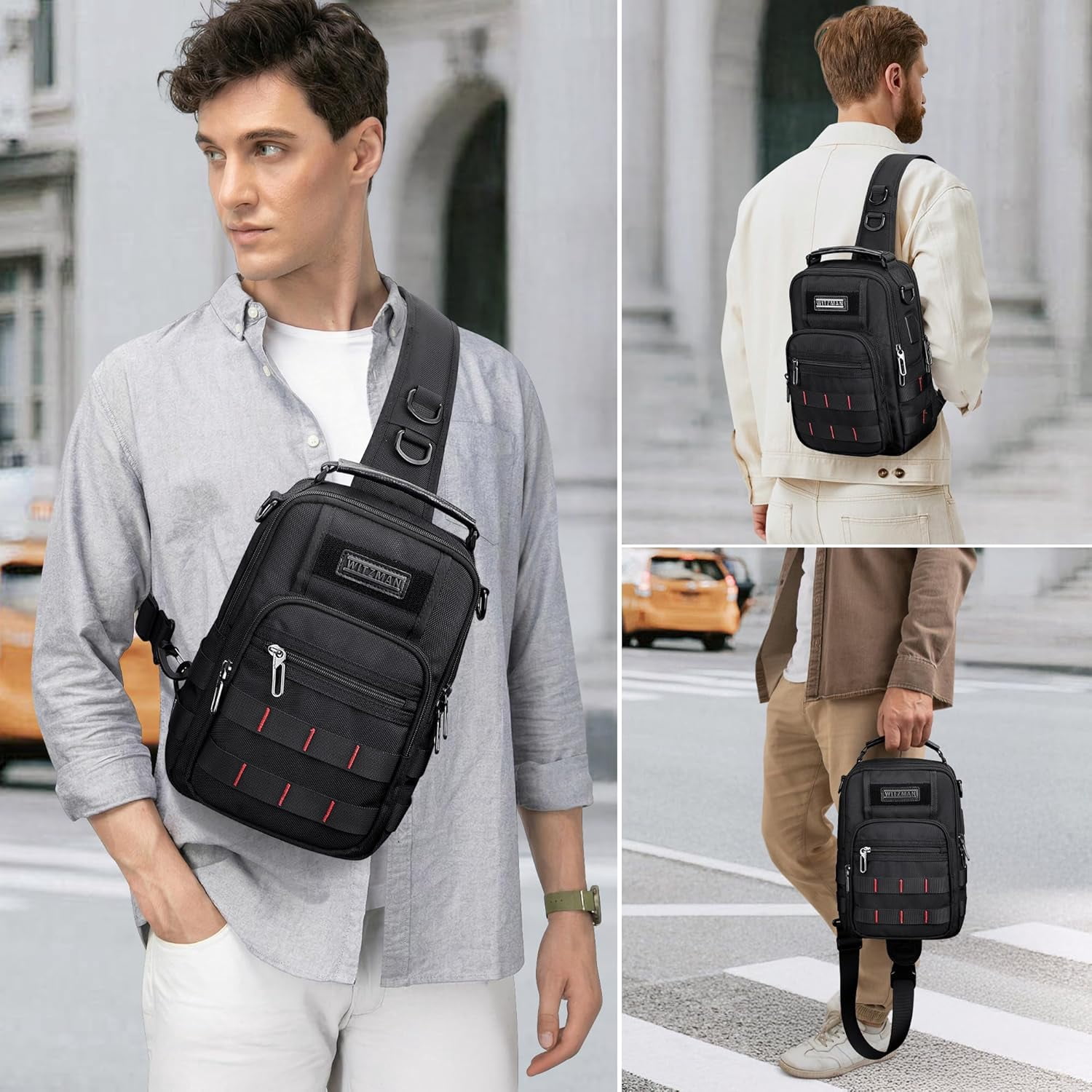 WITZMAN Sling Bag for Men Travel Crossbody Chest Bag with USB Charging Port for Casual Daily Work(B730 Black)