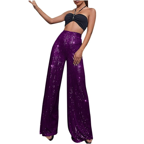 Meichang Women's Casual Glitter Sequin Pants, Solid Elastic High Waisted Bling Dance Palazzo Pants, Purple, XXXL