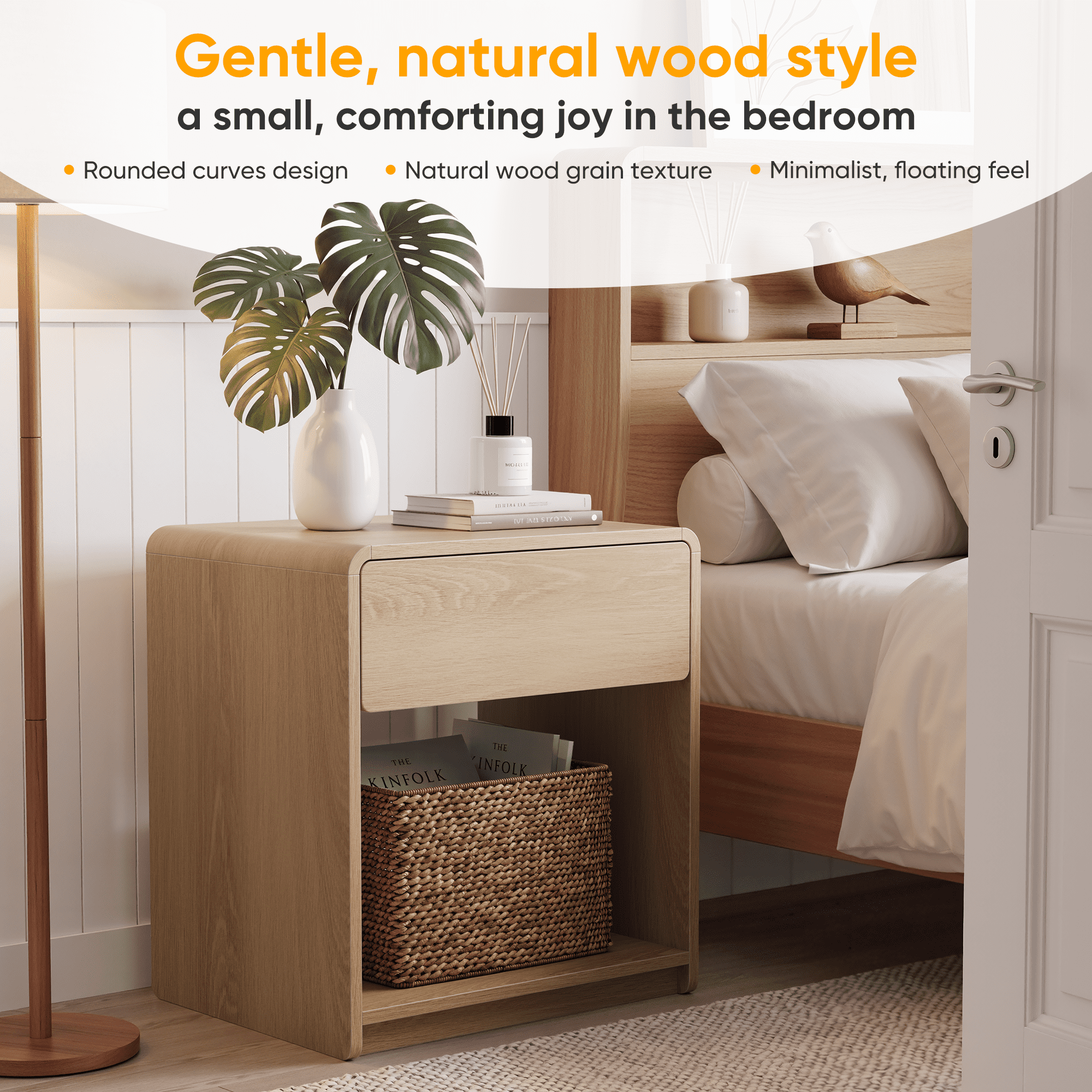 2 Pieces Bedside Table Set, With Storage Drawers And Open Shelves, Bedroom Side Table With Rounded Corners, Compact Bedside Table Set, Oak Color