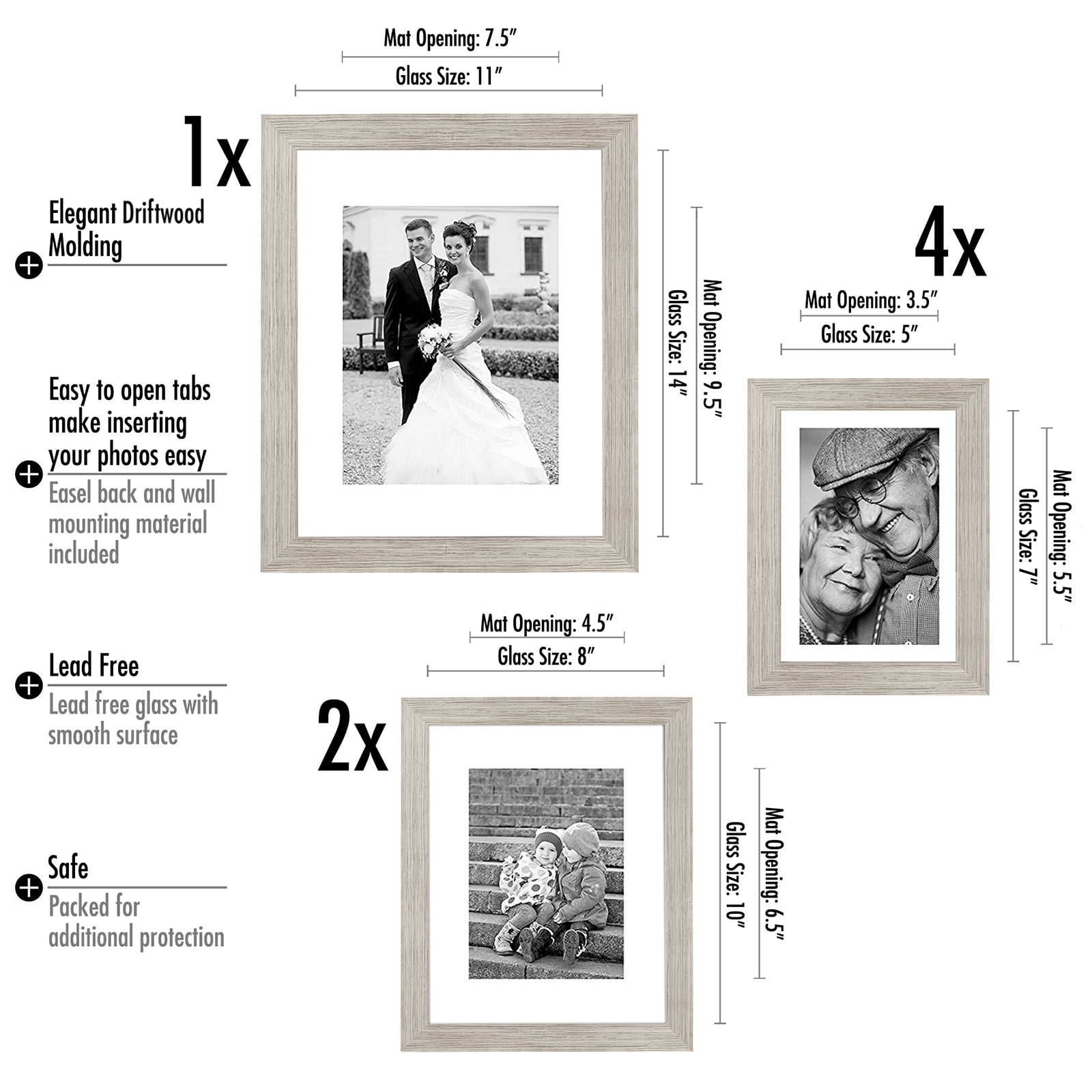 Americanflat Picture Frame Set, 7 Pieces with One 11x14; Two 8x10; and Four 5x7, Driftwood