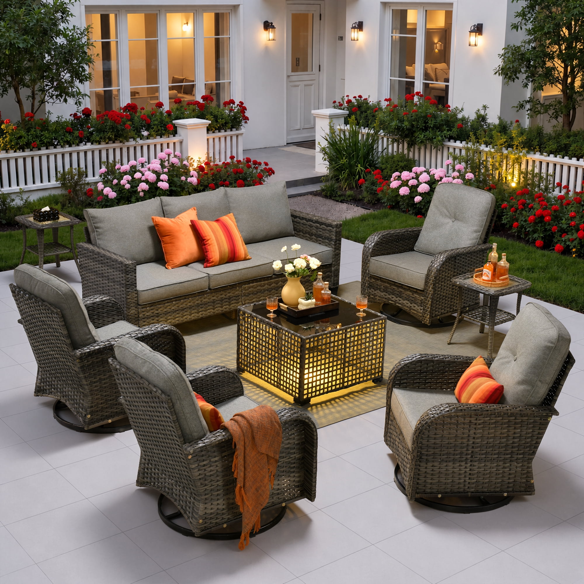 Ovios 8 Pieces Patio Furniture Set Outdoor Conversation All-Weather Rattan Sectional Sofa with Swivel Chairs & Solar Light Table