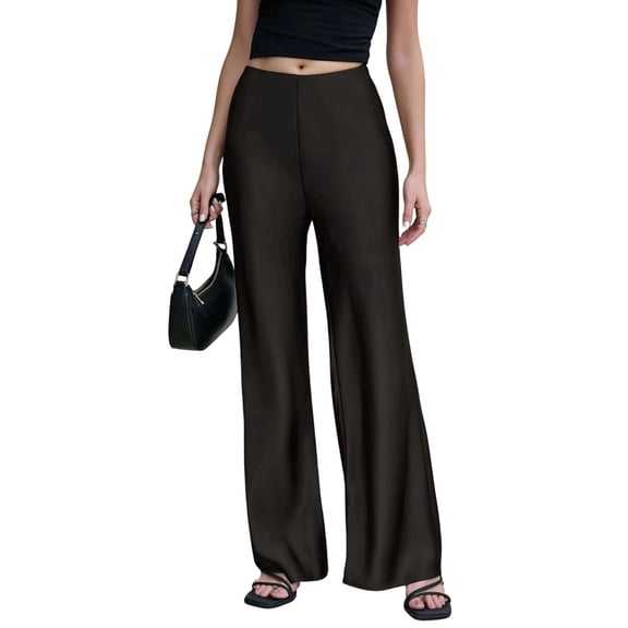 Women Satin Wide Leg Pants Hidden Elasticized Waistband Silk Casual Long Flowy Loose Trousers Black S