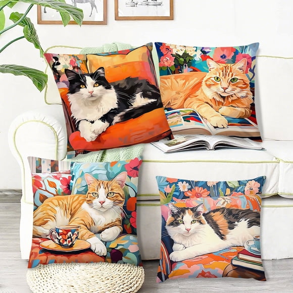 Sentmoon Christmas Cushion Covers Throw Pillow Covers Artistics Abstract Style Pillowcase Kittens and Floral Print Home Sofa Bedroom Cushion Cover for Bedroom Accents and Throw Pillows
